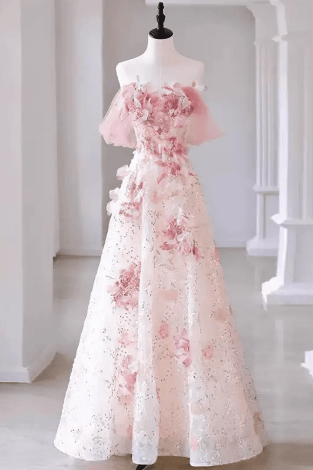 Verna Off‑Shoulder Pink 3D Floral Tulle Dress Avalabel