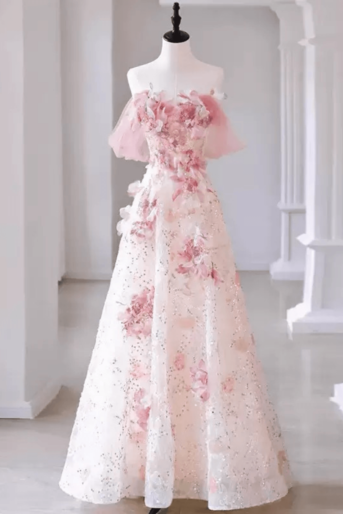Verna Off‑Shoulder Pink 3D Floral Tulle Dress Avalabel