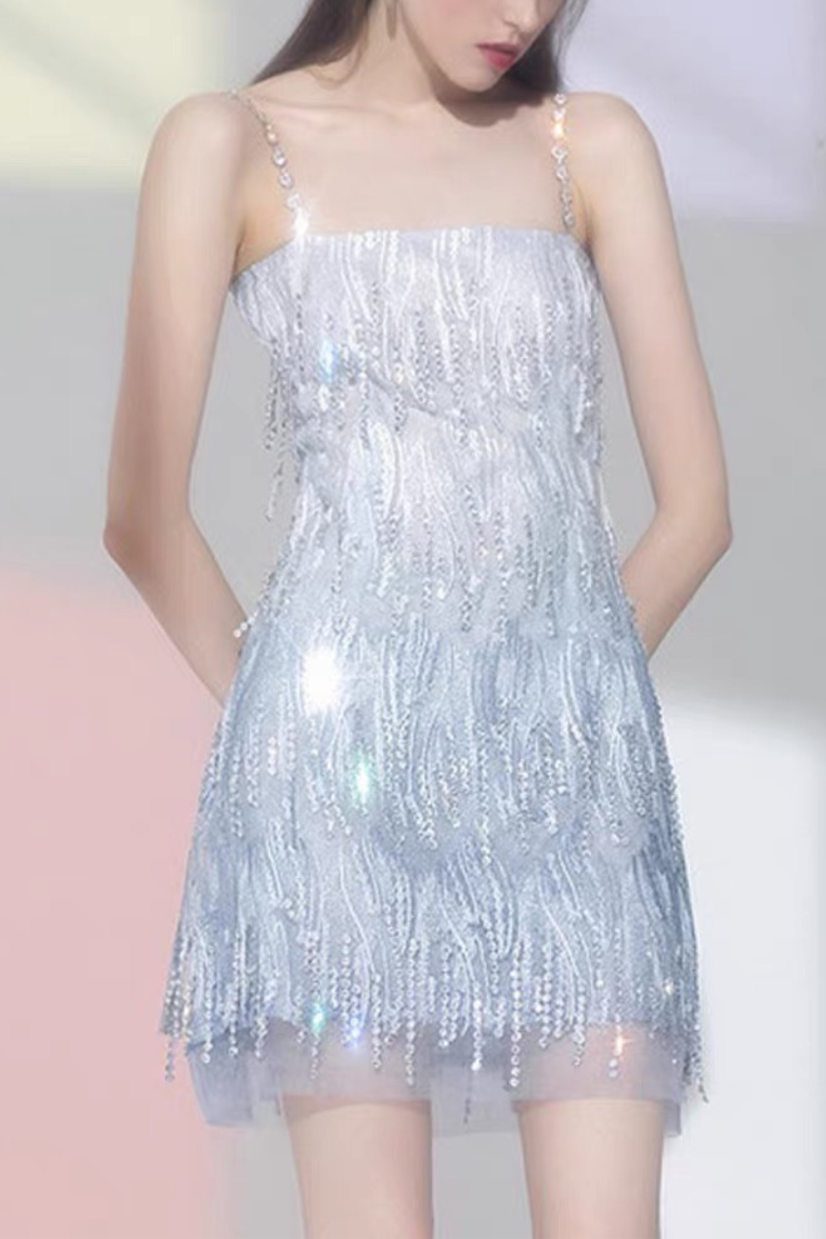 Clara Crystal Bead Fringe Chain Strap Spaghetti Strap Mini Dress Avalabel