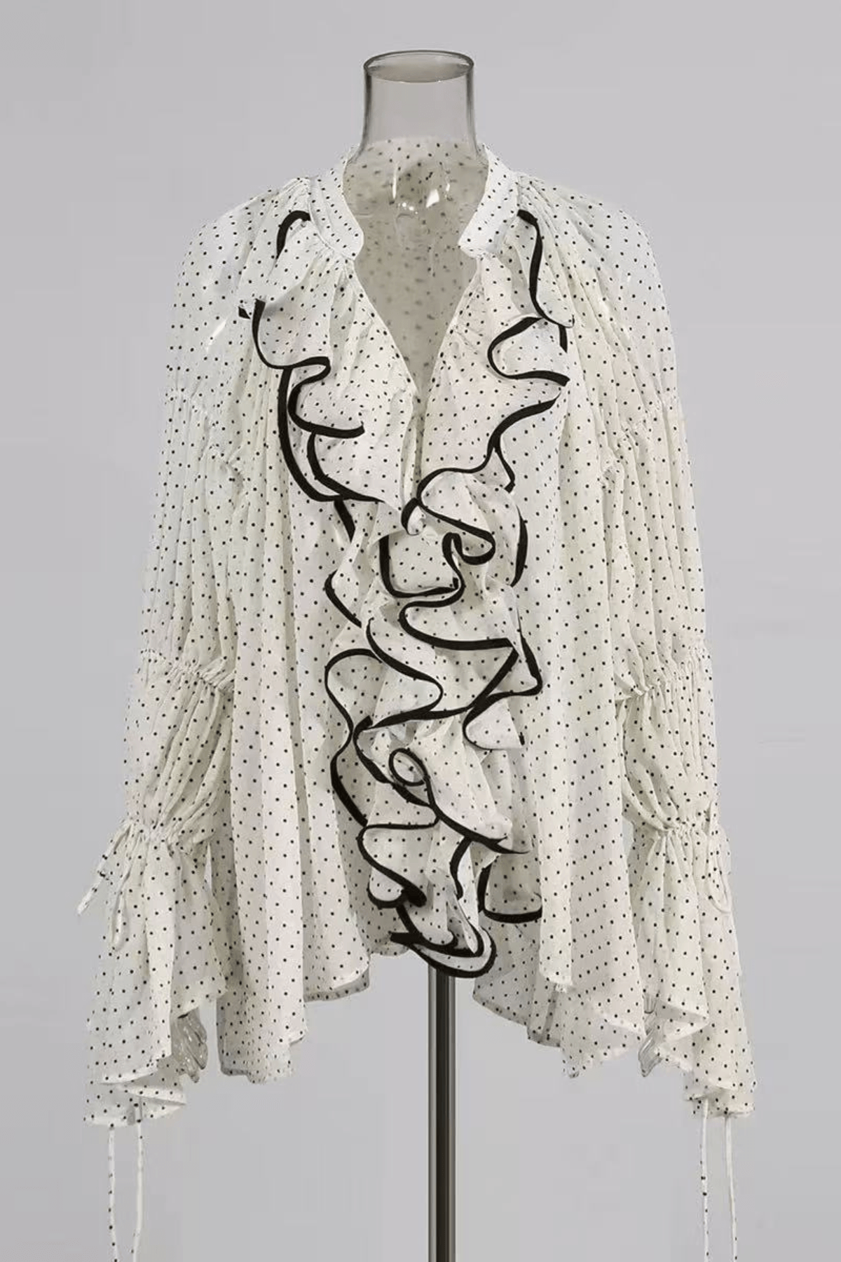 Ellie White Polka Dot Ruffled Bell Long Sleeve Blouse Avalabel