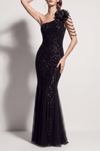 Adora One Shoulder Black Lace Mermaid Maxi Dress Avalabel