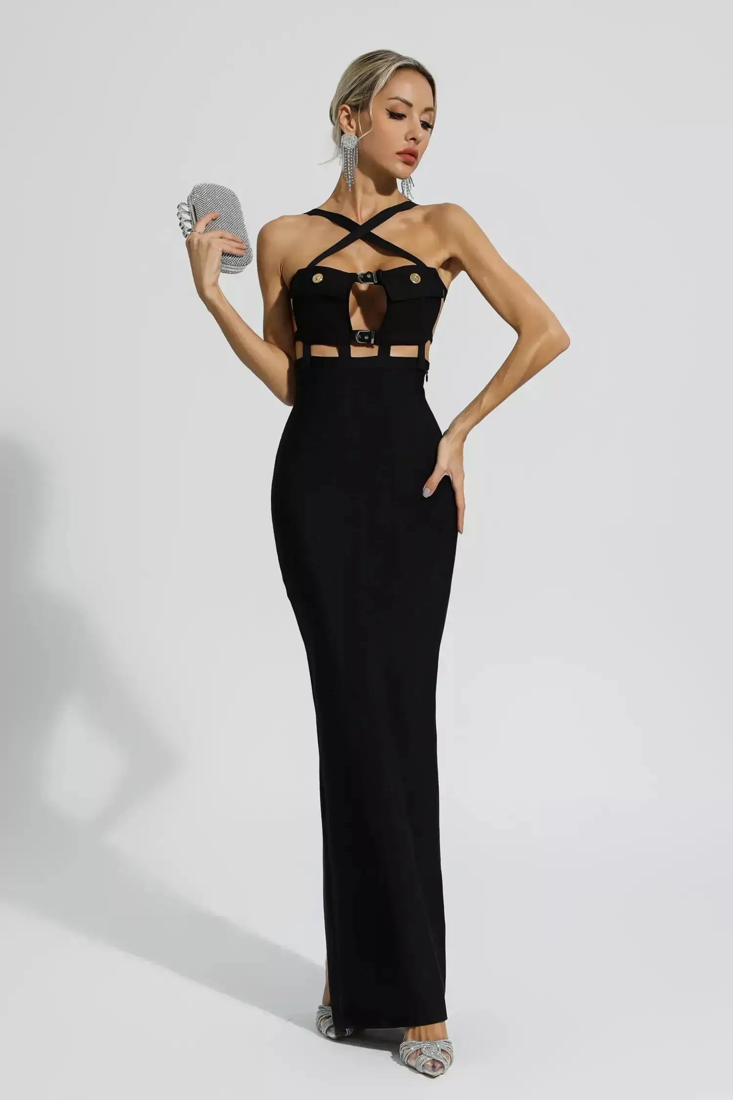 Jocelyn Bowknot-Side Bandage Strapless Maxi Dress in Black Avalabel