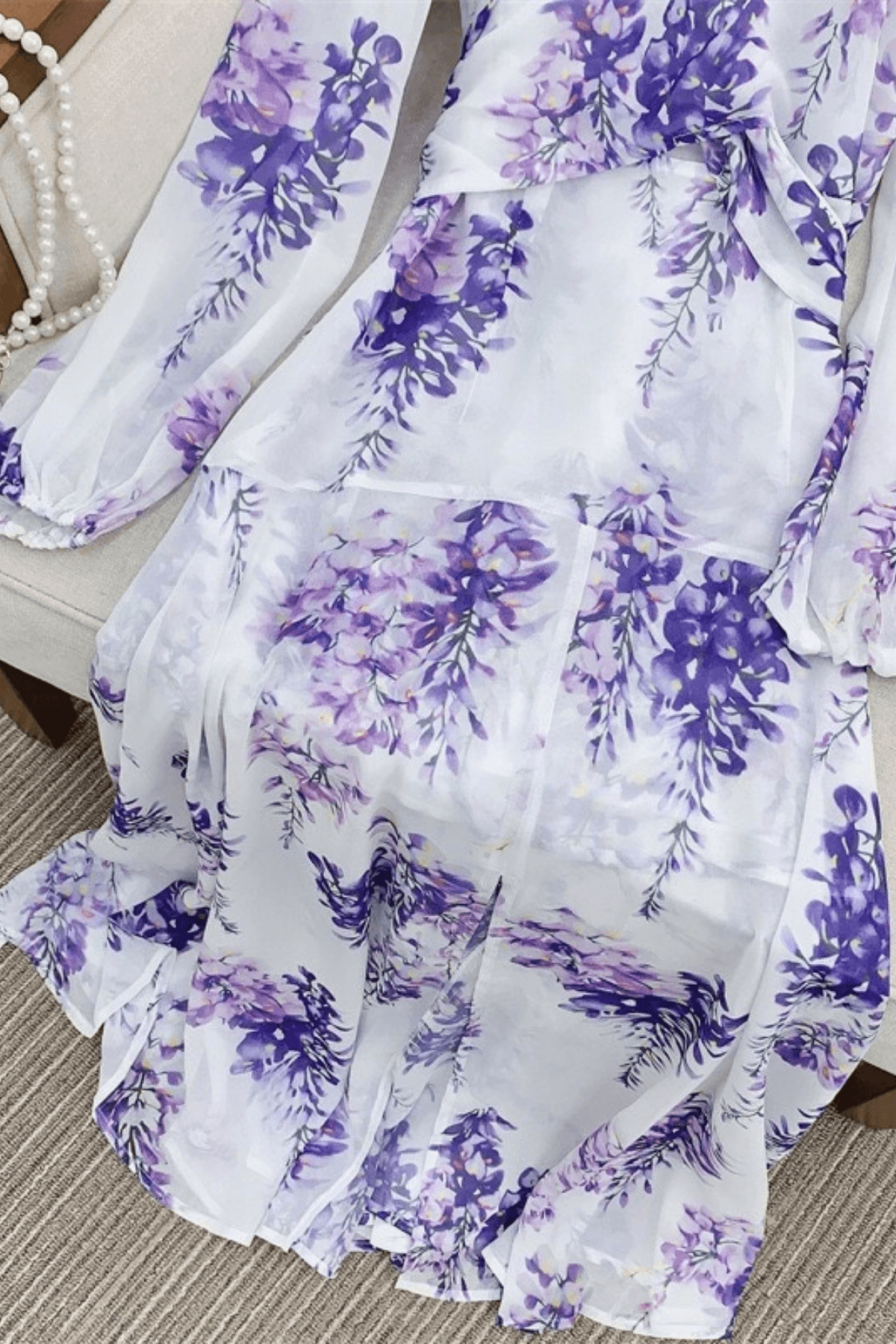 Purple Wisteria Print Chiffon Long Sleeve Maxi Dress Avalabel