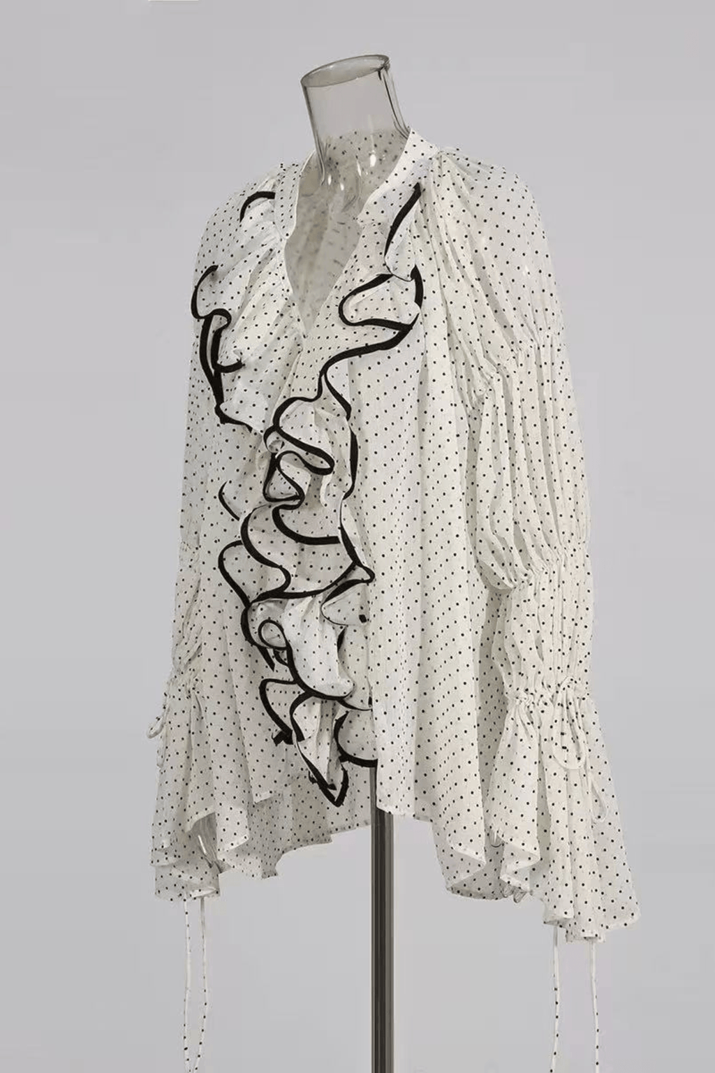 Ellie White Polka Dot Ruffled Bell Long Sleeve Blouse Avalabel