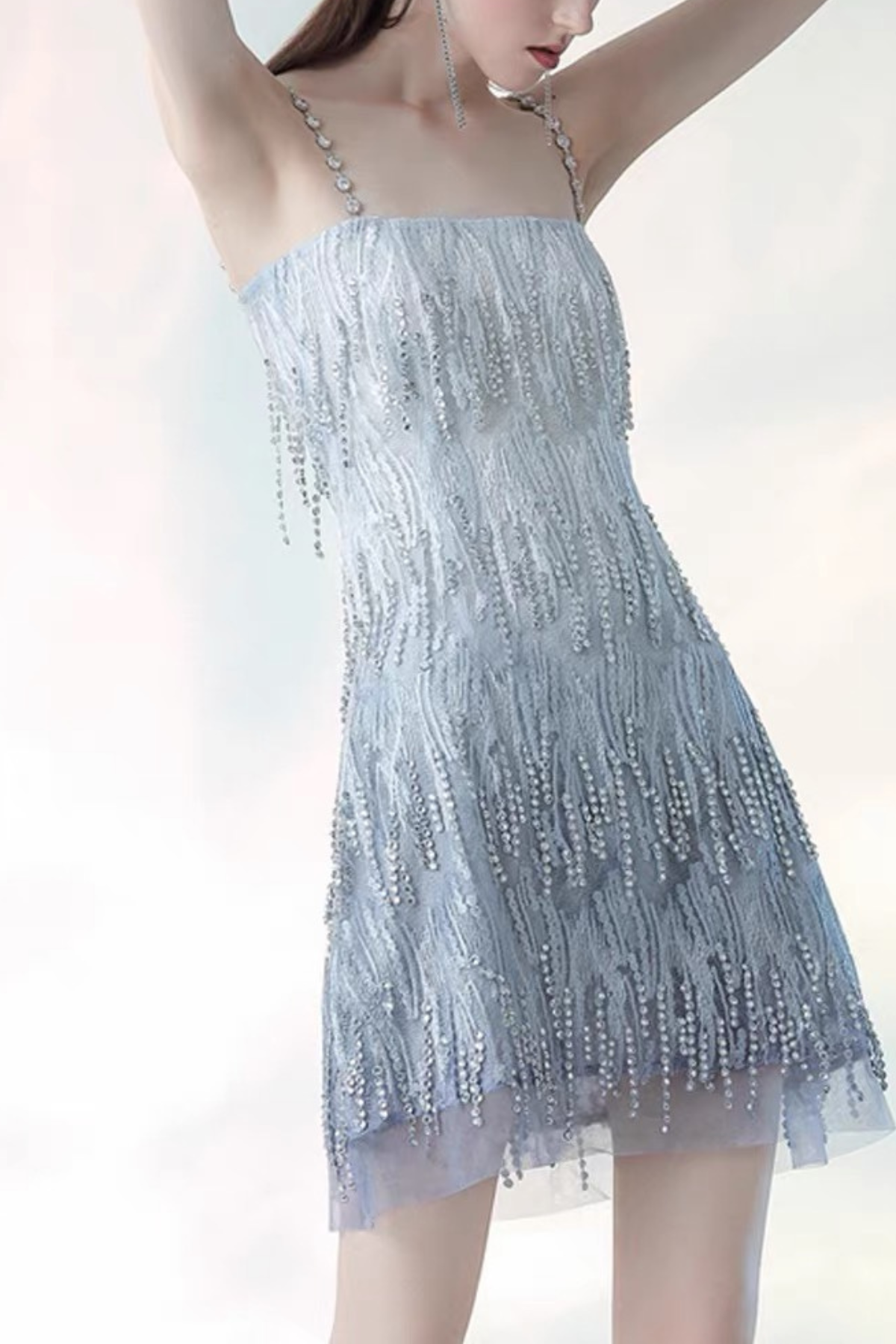 Clara Crystal Bead Fringe Chain Strap Spaghetti Strap Mini Dress Avalabel