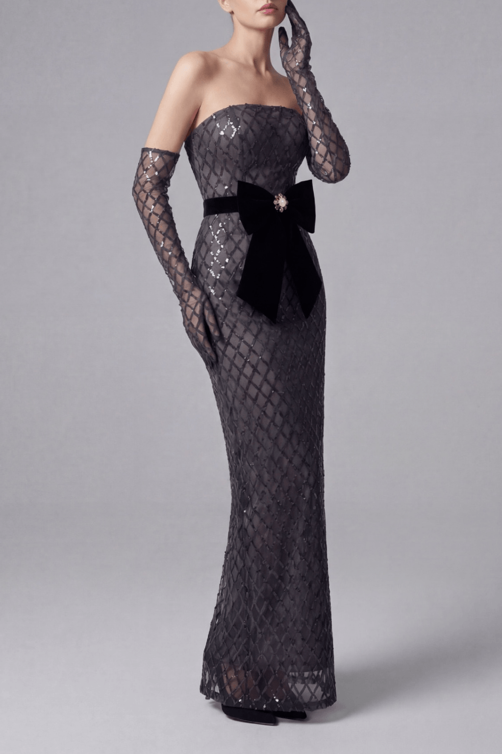 Ashlyn Black Strapless Grid Sequin Dress Avalabel