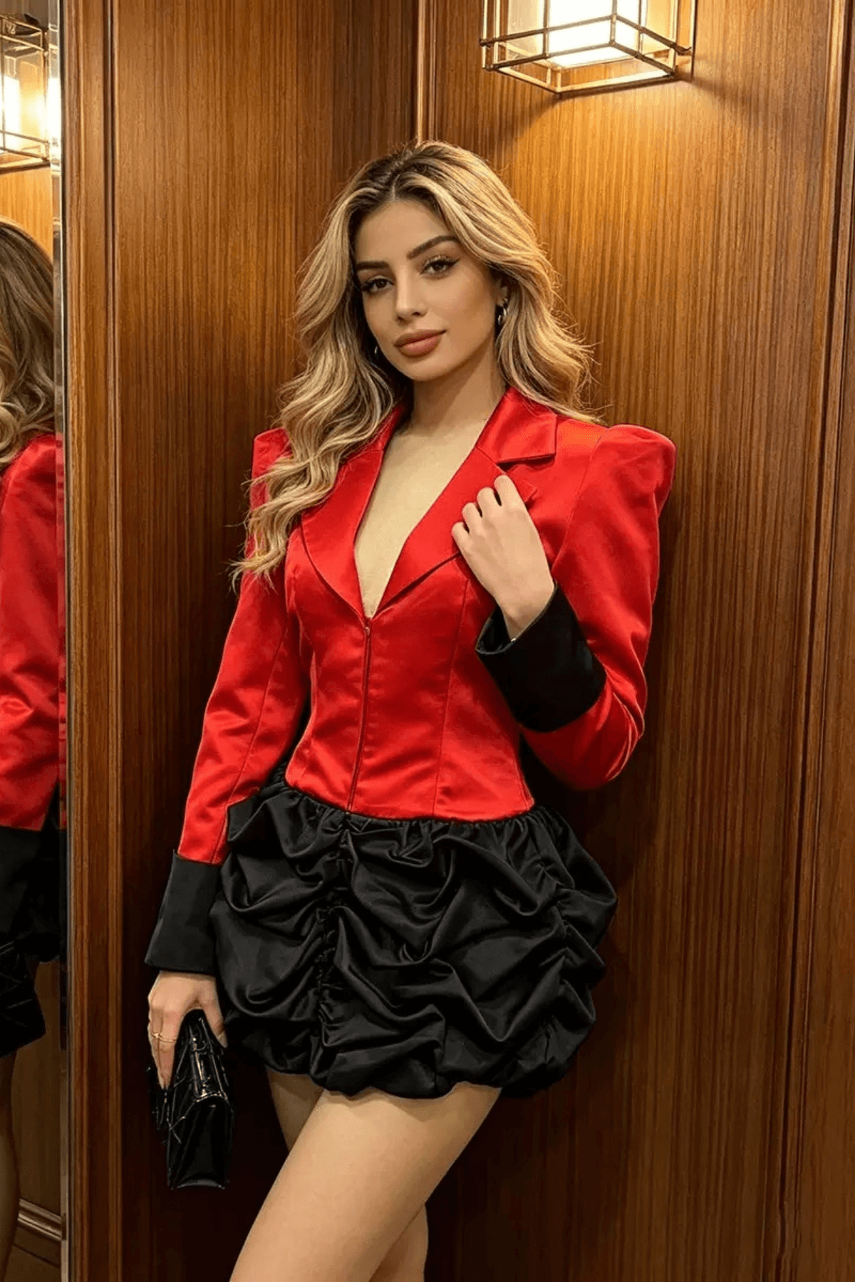 Juana Red Satin Lapel Mini Dress Avalabel