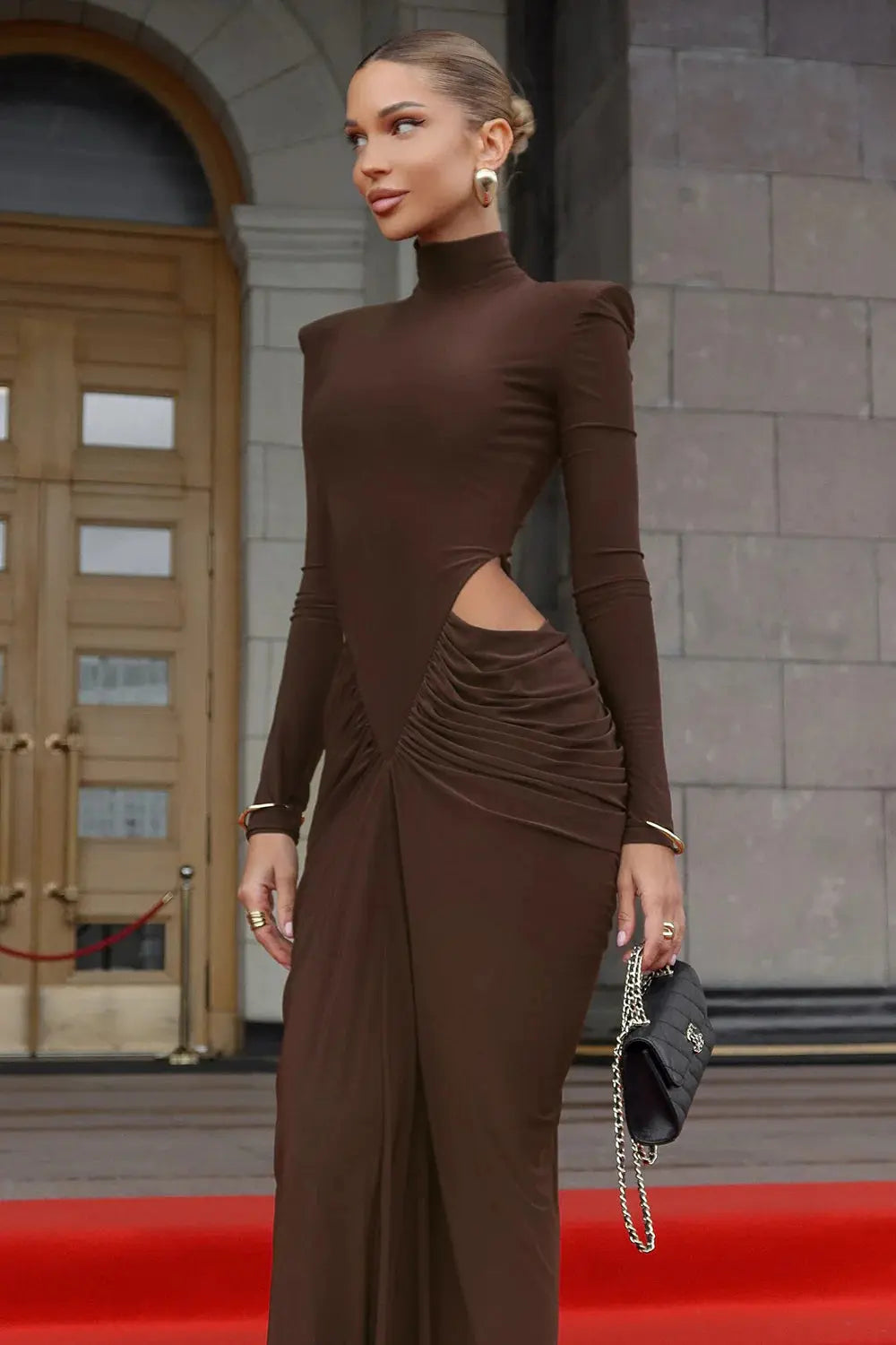 jacqueline Turtleneck Long Sleeve Cutout bodycon Gown in brown Avalabel