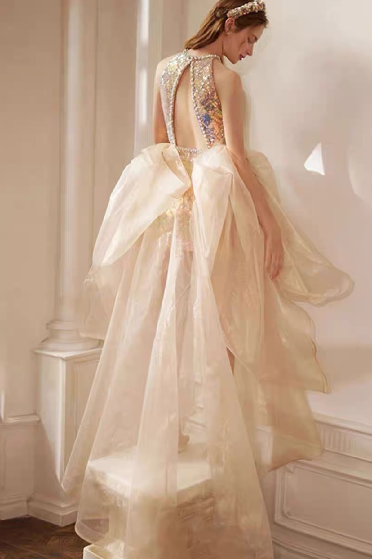 Aurora Pearl Neck Deep Cut Halter Rainbow Sequin Short Gown With Voluminous Tulle Train Avalabel