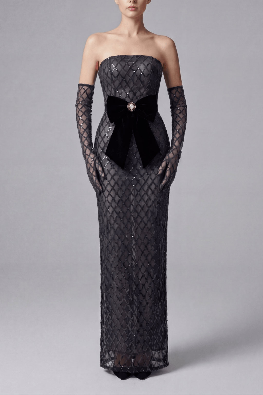 Ashlyn Black Strapless Grid Sequin Dress Avalabel