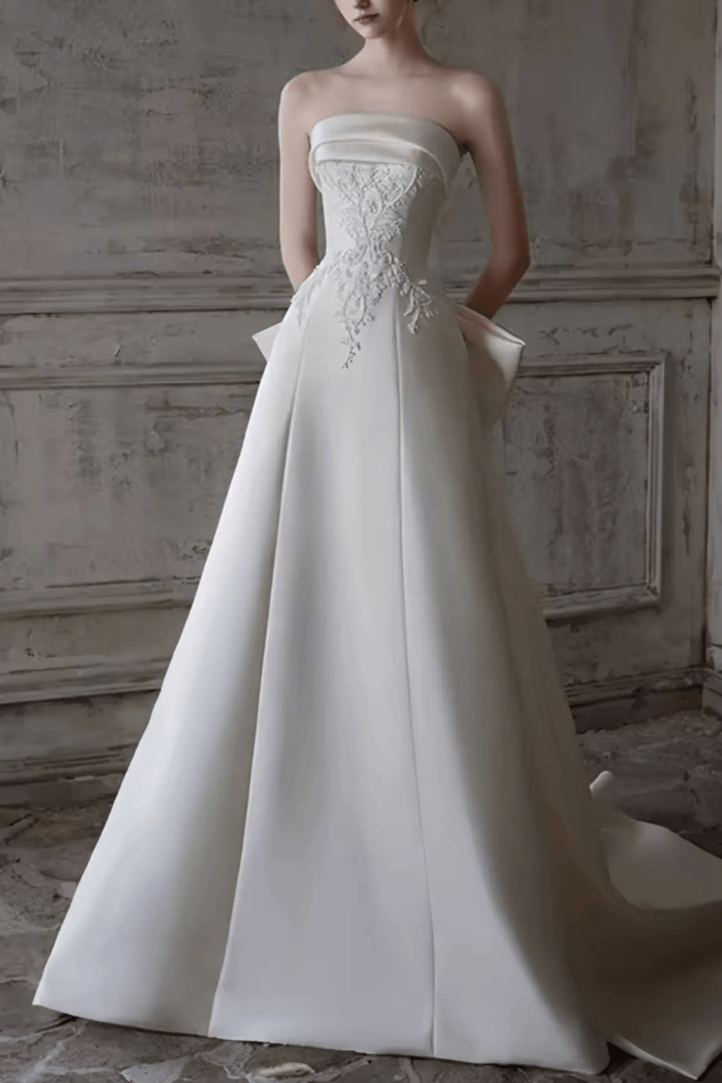White Satin Strapless Lace A‑Line Wedding Dress Avalabel