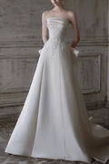 White Satin Strapless Lace A‑Line Wedding Dress Avalabel