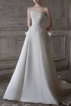 White Satin Strapless Lace A‑Line Wedding Dress Avalabel