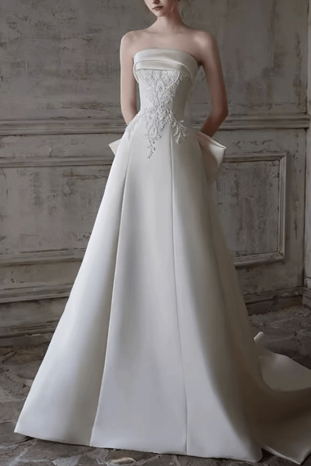 White Satin Strapless Lace A‑Line Wedding Dress Avalabel