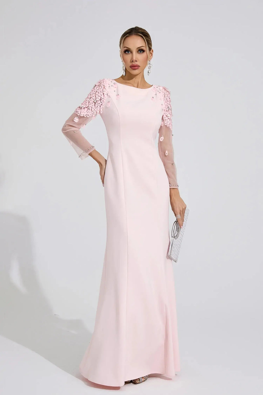 Victoria Pink Sequin Mesh Sleeve Maxi Dress Avalabel