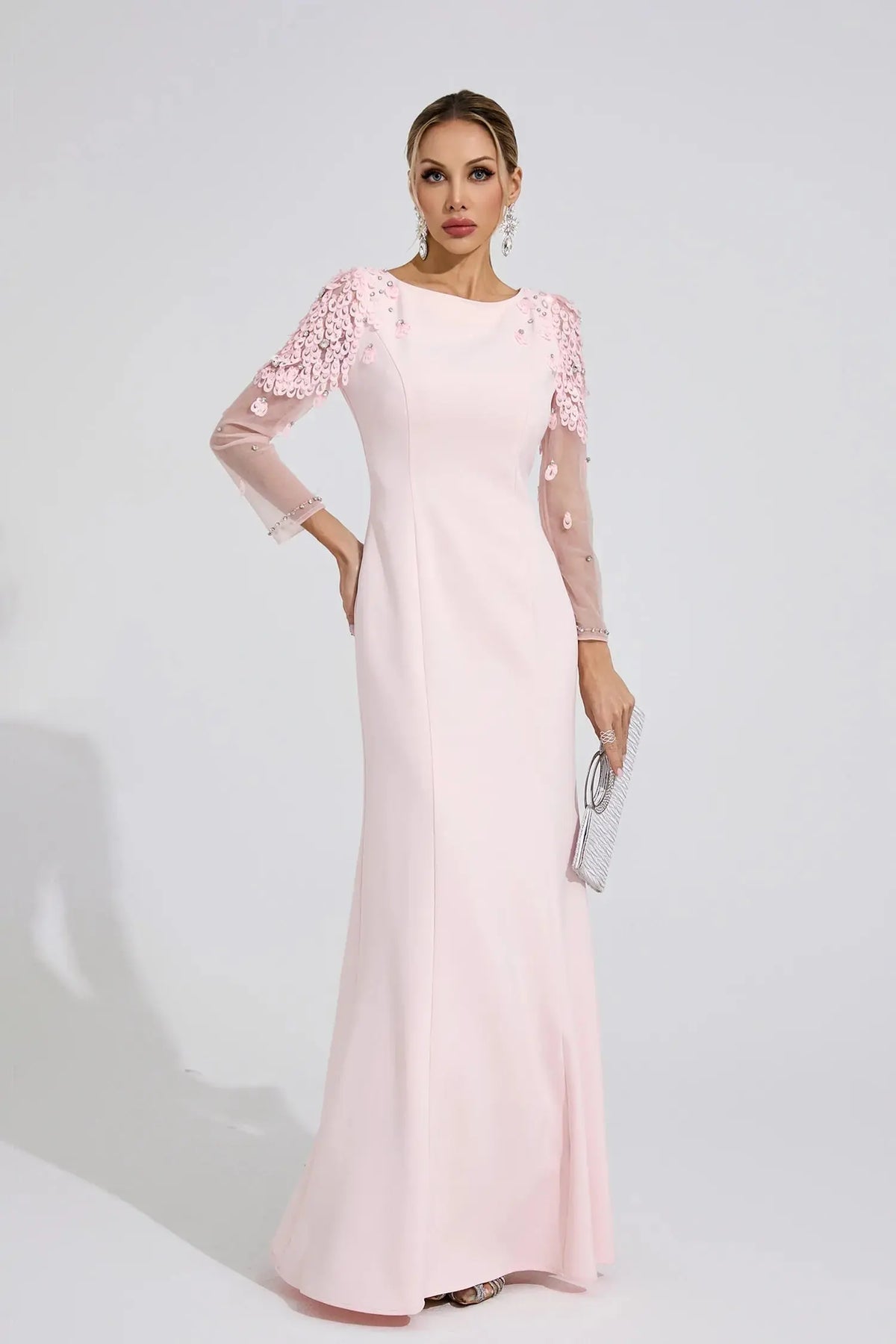 Victoria Pink Sequin Mesh Sleeve Maxi Dress Avalabel
