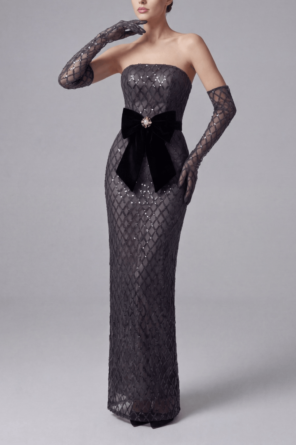 Ashlyn Black Strapless Grid Sequin Dress Avalabel