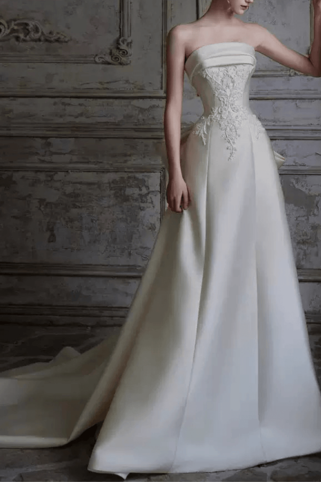 White Satin Strapless Lace A‑Line Wedding Dress Avalabel