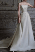 White Satin Strapless Lace A‑Line Wedding Dress Avalabel