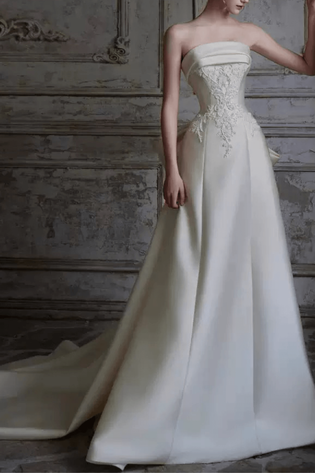 White Satin Strapless Lace A‑Line Wedding Dress Avalabel
