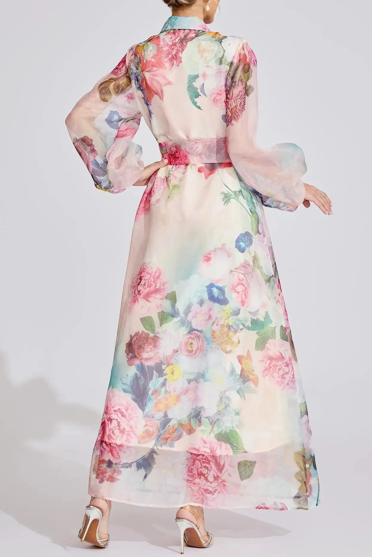 Vivien Pink Floral Printed Lantern Sleeve Maxi Dress Avalabel