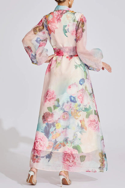 Vivien Pink Floral Printed Lantern Sleeve Maxi Dress