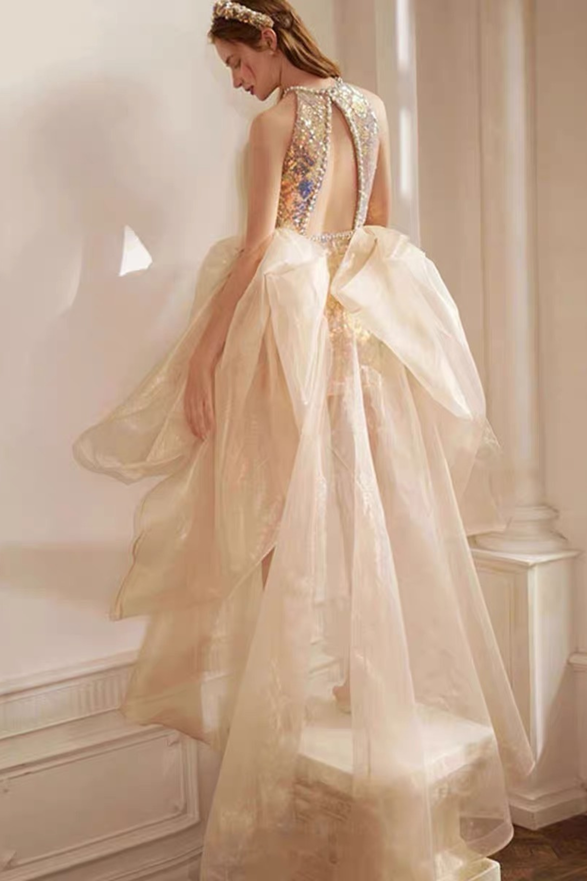 Aurora Pearl Neck Deep Cut Halter Rainbow Sequin Short Gown With Voluminous Tulle Train Avalabel