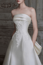 White Satin Strapless Lace A‑Line Wedding Dress Avalabel