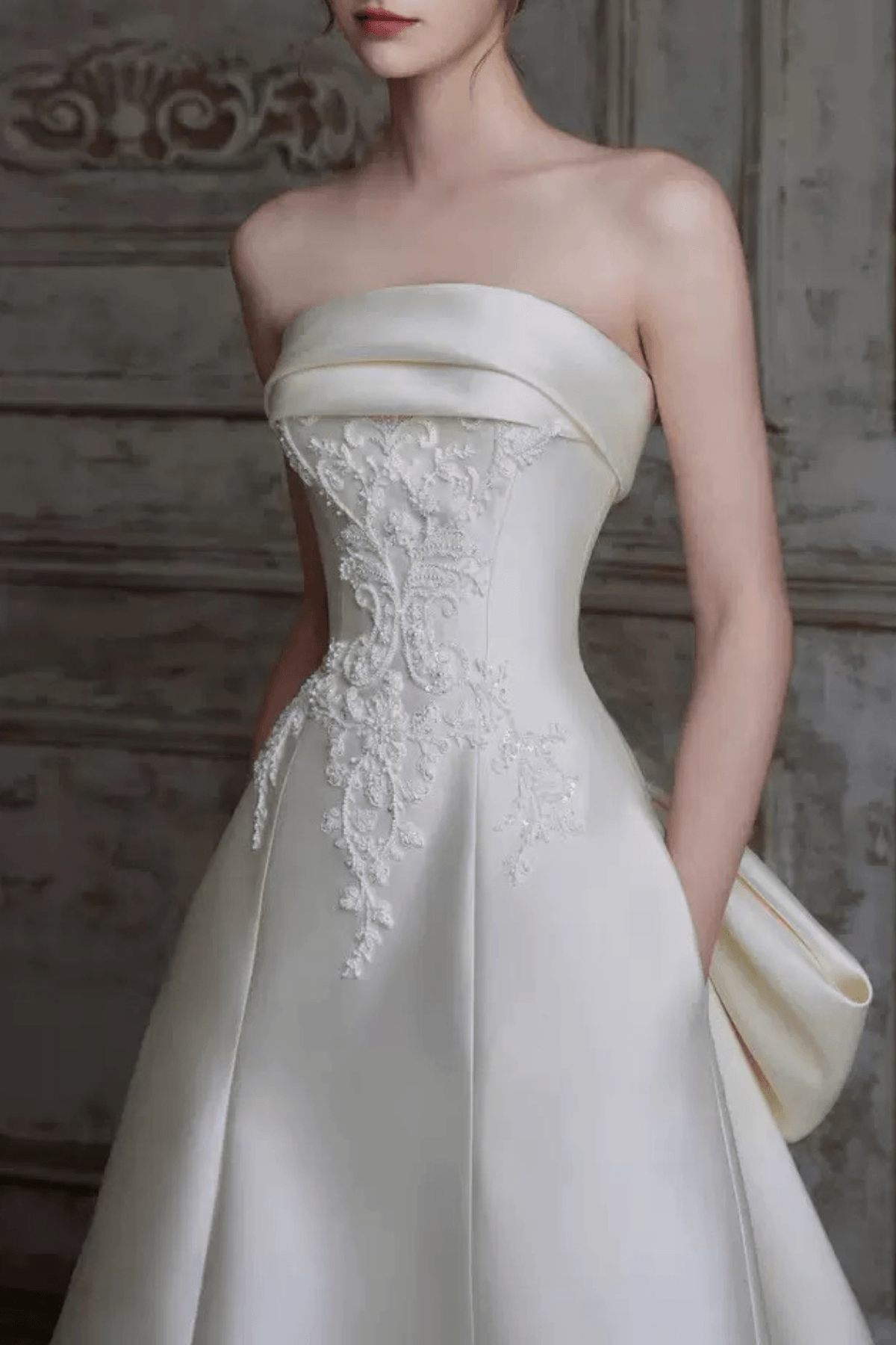 White Satin Strapless Lace A‑Line Wedding Dress Avalabel