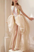 Aurora Pearl Neck Deep Cut Halter Rainbow Sequin Short Gown With Voluminous Tulle Train Avalabel