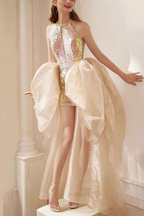 Aurora Pearl Neck Deep Cut Halter Rainbow Sequin Short Gown With Voluminous Tulle Train Avalabel