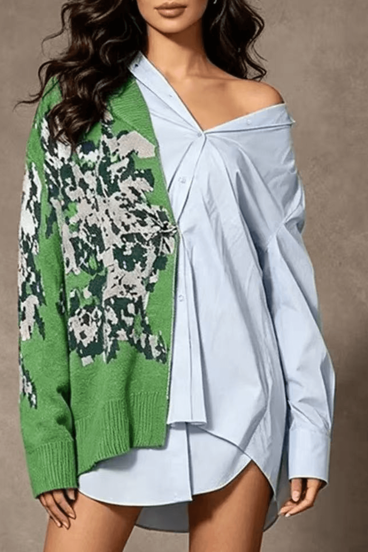 Zoey Asymmetric Spliced Floral Knit Off Shoulder Shirt Avalabel