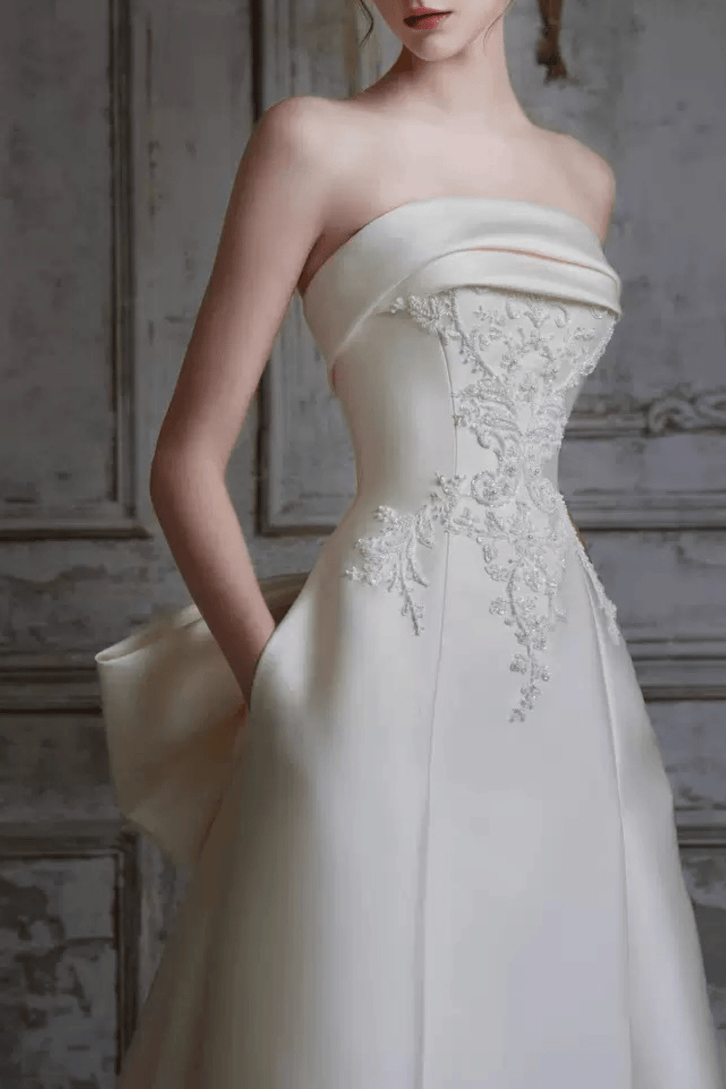 White Satin Strapless Lace A‑Line Wedding Dress Avalabel