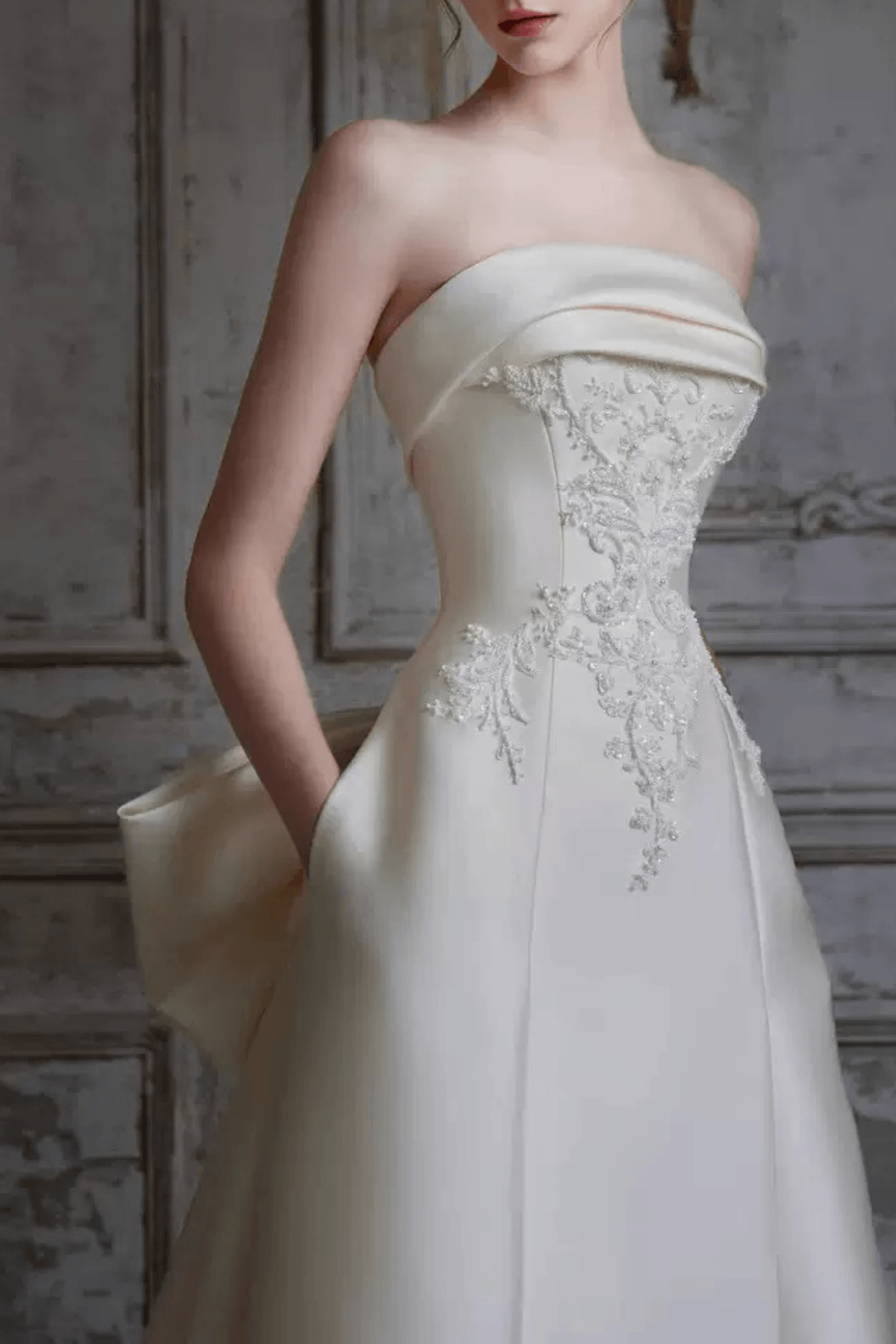 White Satin Strapless Lace A‑Line Wedding Dress Avalabel