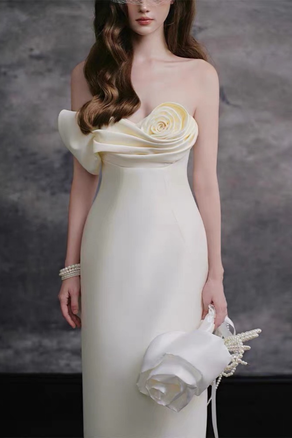 Mary Floral Strapless Satin White Dress Avalabel
