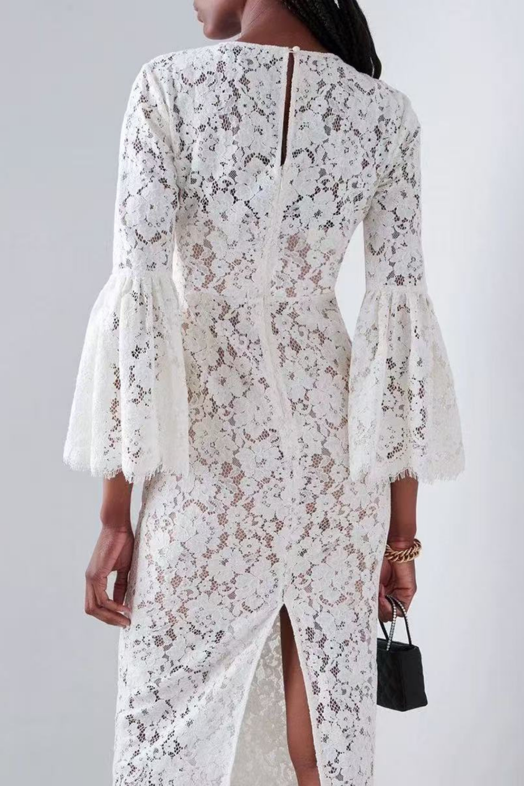 Olivia Elegant White Lace Midi Dress with Flare Sleeves Avalabel