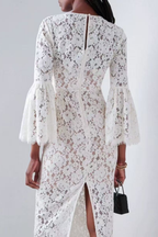 Olivia Elegant White Lace Midi Dress with Flare Sleeves Avalabel