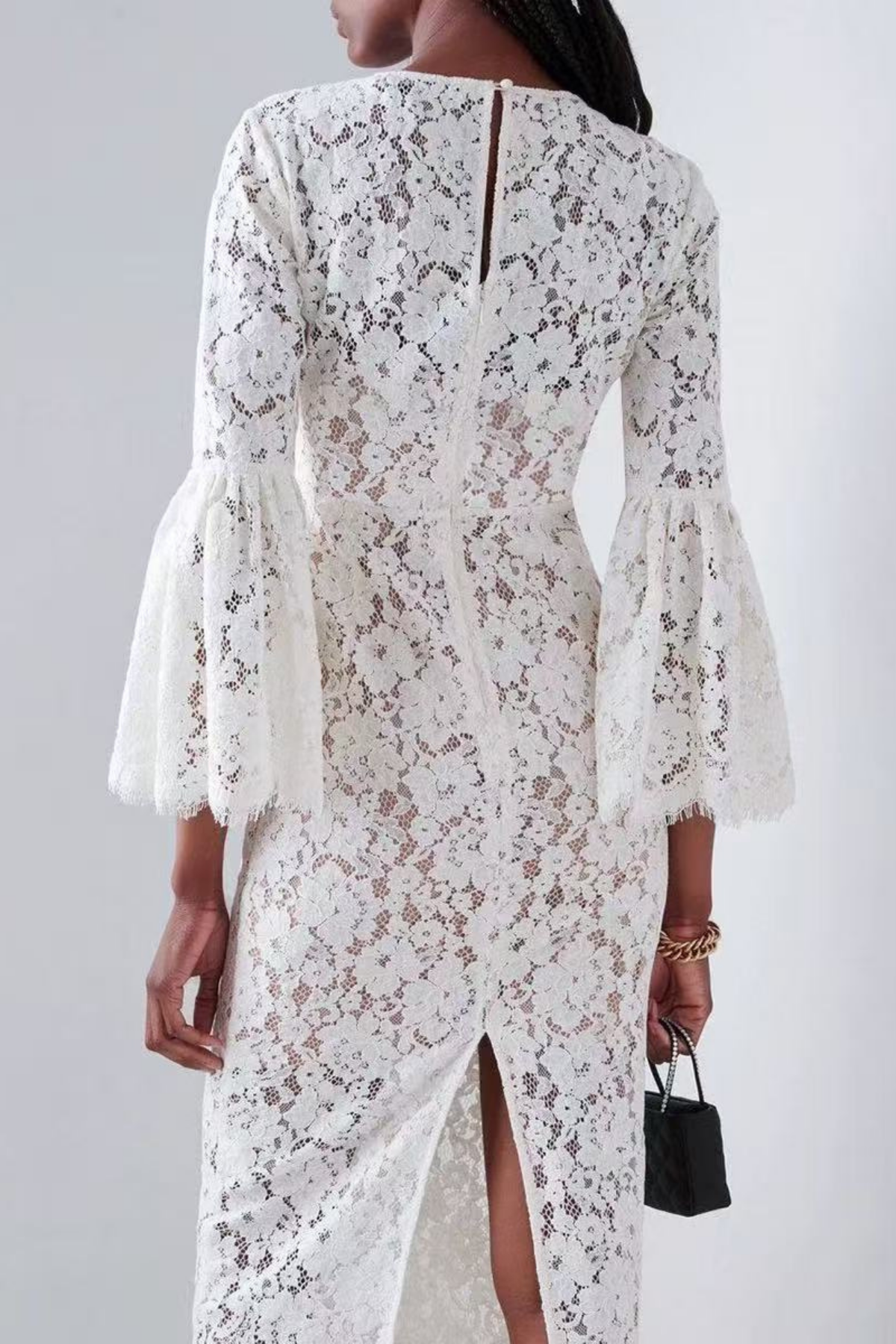 Olivia Elegant White Lace Midi Dress with Flare Sleeves Avalabel