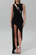 Crystal Rose Detailed High-Slit Black Dress Avalabel