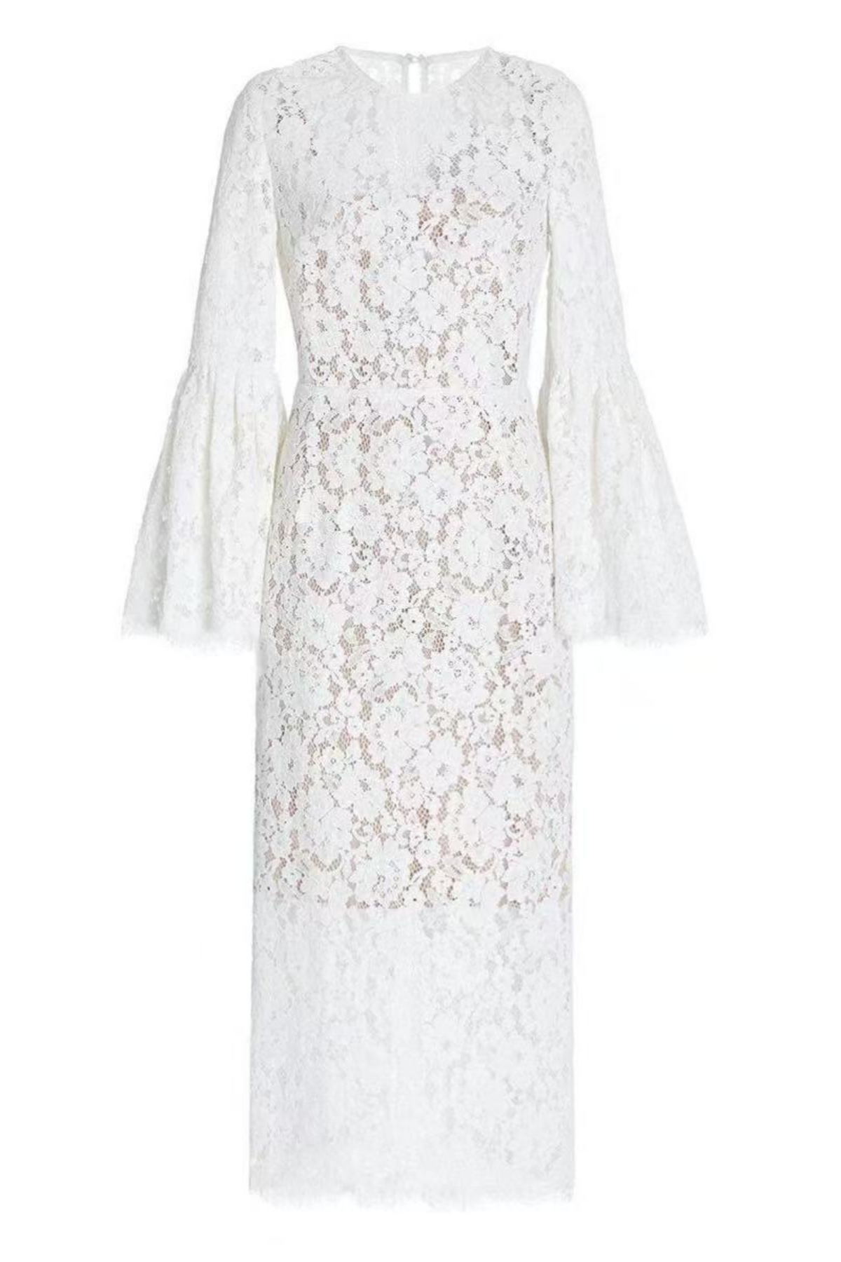 Olivia Elegant White Lace Midi Dress with Flare Sleeves Avalabel