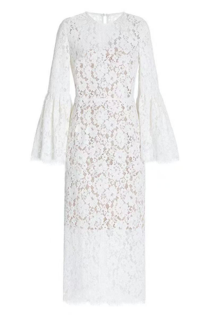 Olivia Elegant White Lace Midi Dress with Flare Sleeves