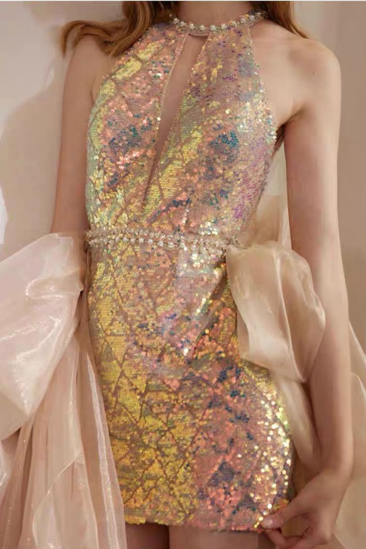 Aurora Pearl Neck Deep Cut Halter Rainbow Sequin Short Gown With Voluminous Tulle Train Avalabel