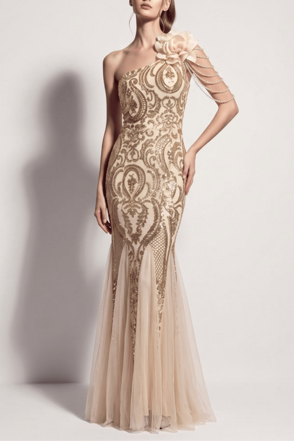 Adora One Shoulder Gold Mermaid Maxi Dress Avalabel