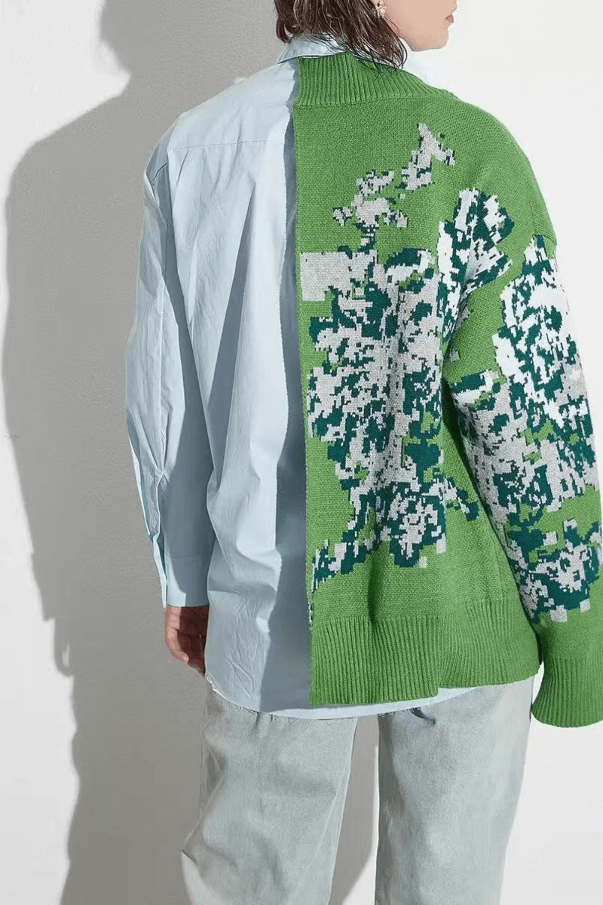 Zoey Asymmetric Spliced Floral Knit Off Shoulder Shirt Avalabel