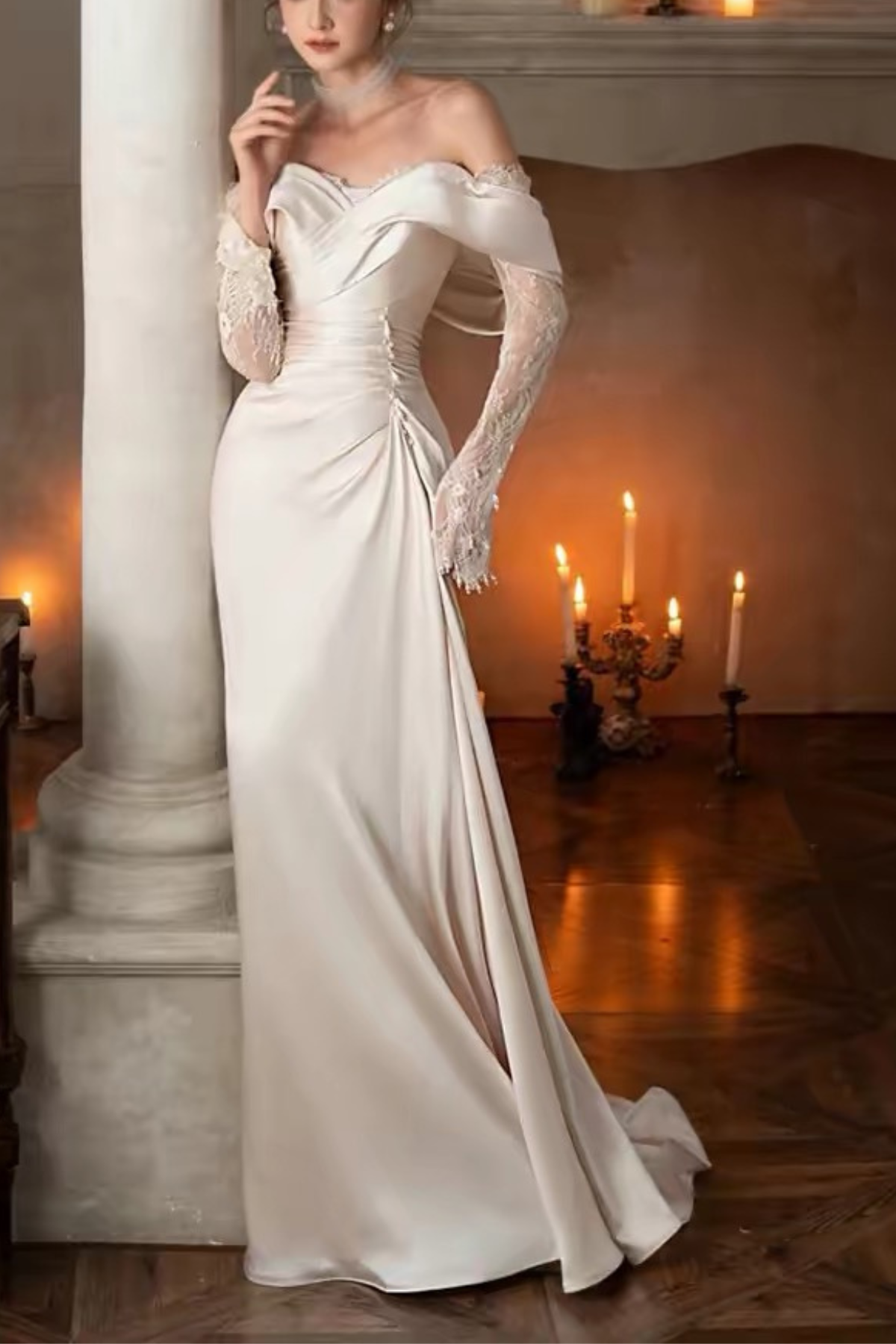 Josephine Off Shoulder Lace Long Sleeve Satin Mermaid Wedding Dress Avalabel