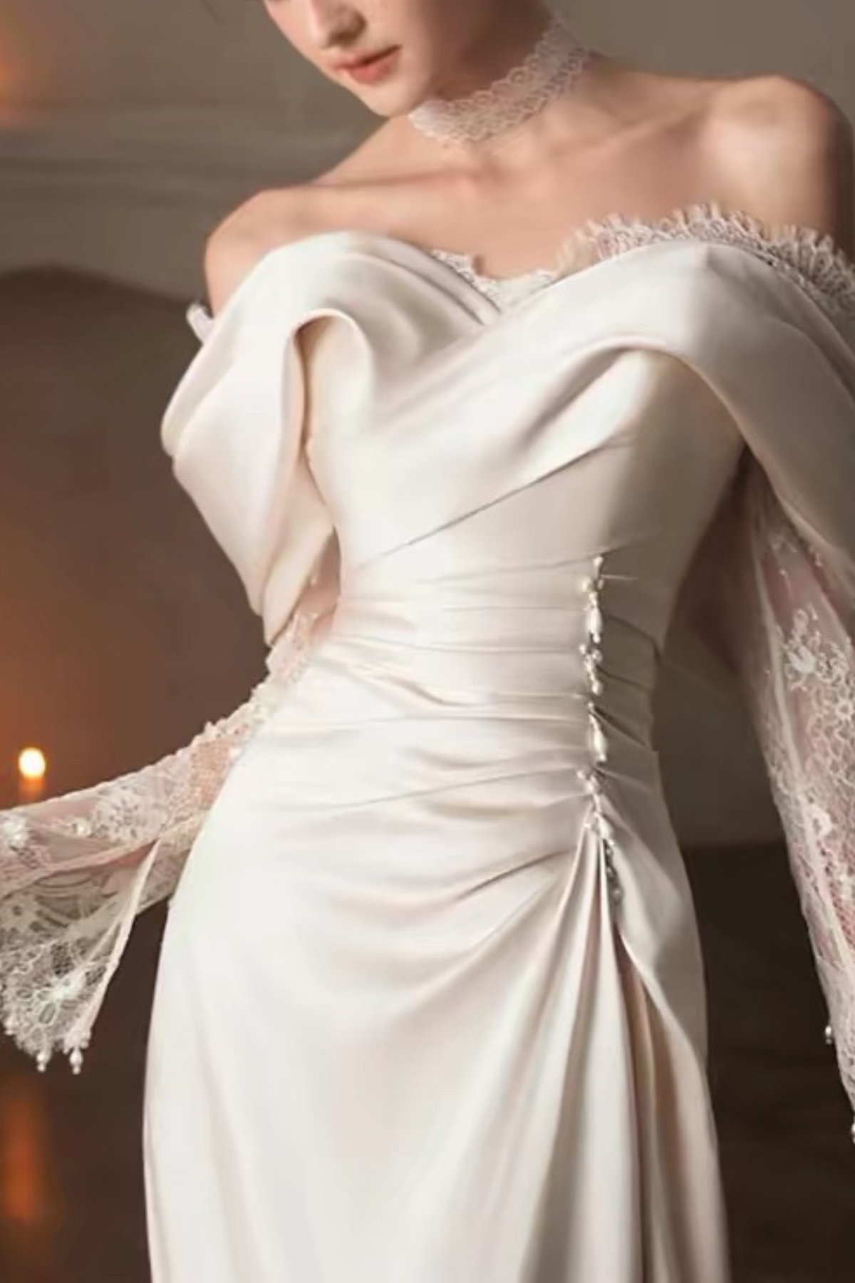 Josephine Off Shoulder Lace Long Sleeve Satin Mermaid Wedding Dress Avalabel