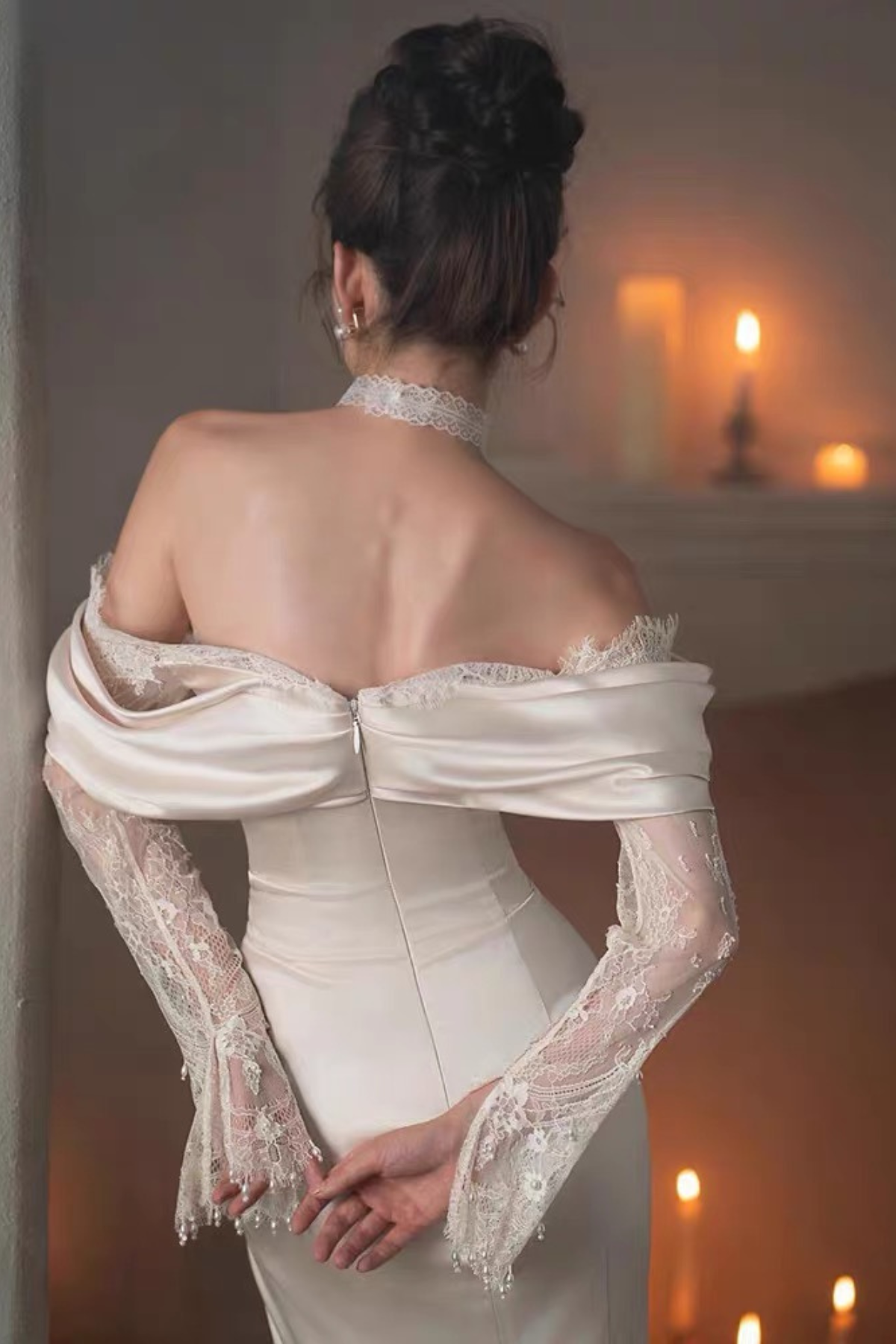 Josephine Off Shoulder Lace Long Sleeve Satin Mermaid Wedding Dress Avalabel