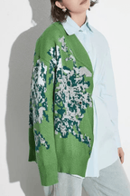 Zoey Asymmetric Spliced Floral Knit Off Shoulder Shirt Avalabel