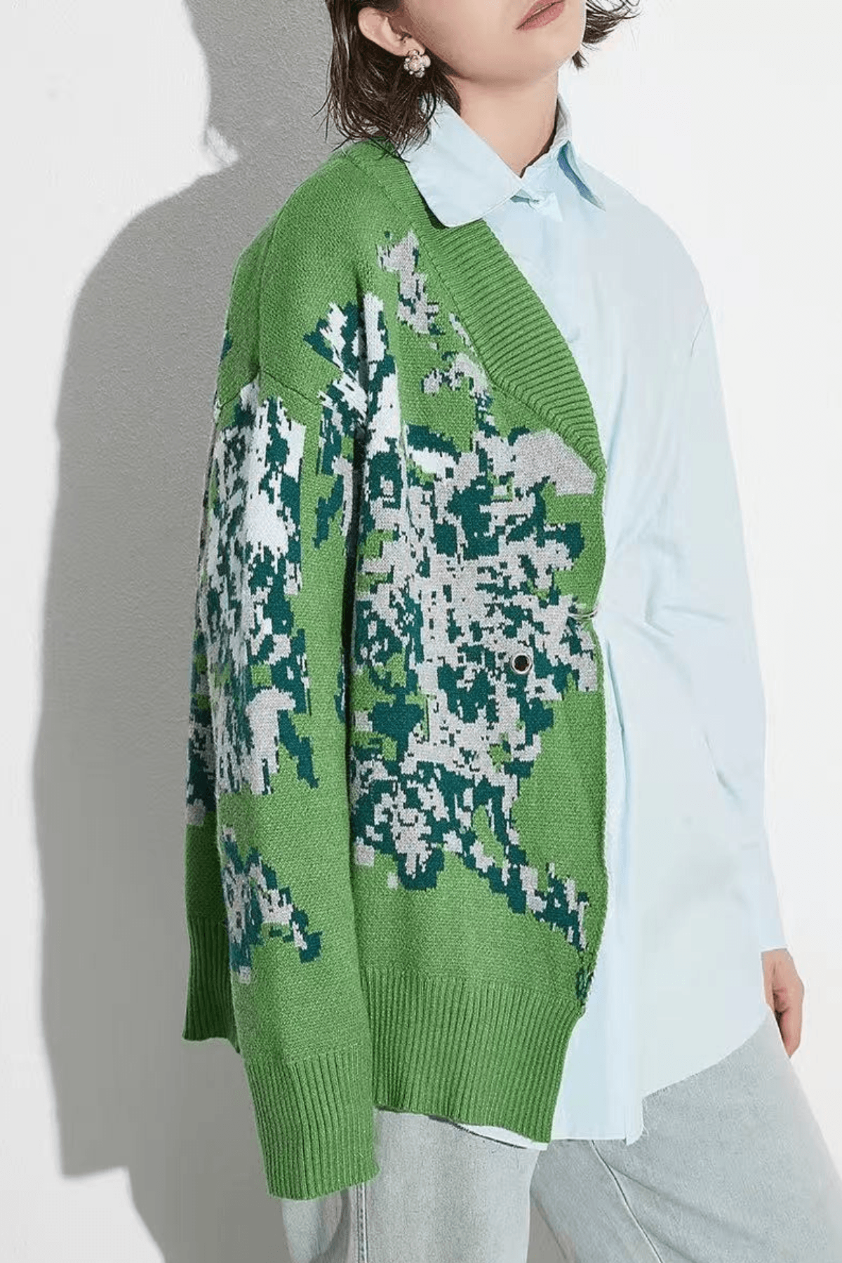Zoey Asymmetric Spliced Floral Knit Off Shoulder Shirt Avalabel