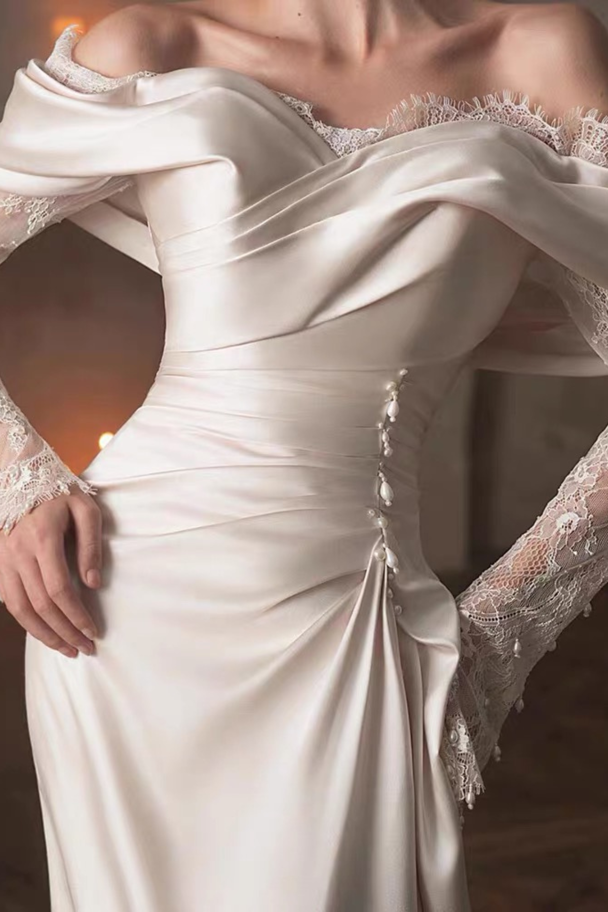 Josephine Off Shoulder Lace Long Sleeve Satin Mermaid Wedding Dress Avalabel